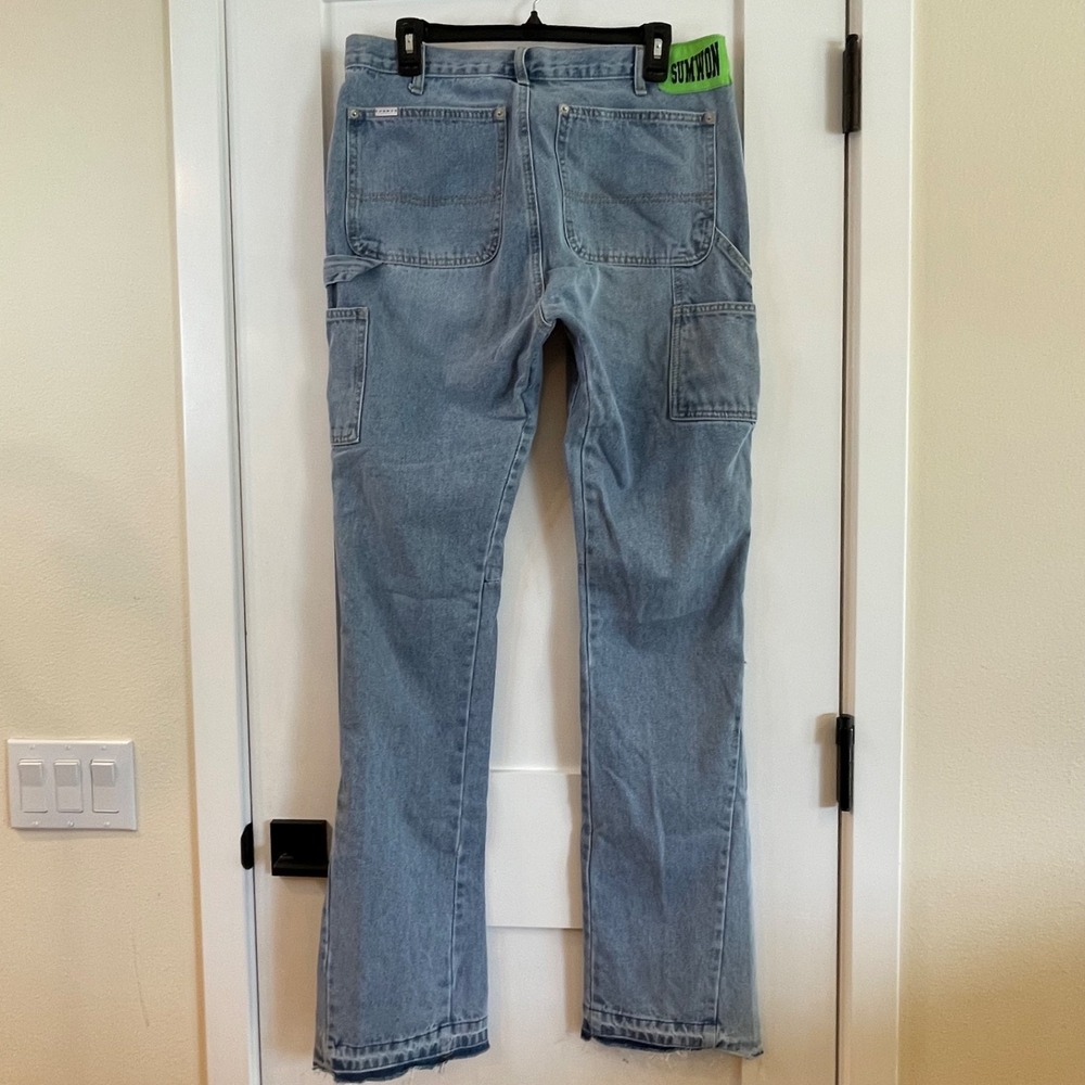 Jeans Denim M Carpenter Cargo Flare Raw Edge High‎ Rise Utility Cowboy Country - Picture 2 of 16